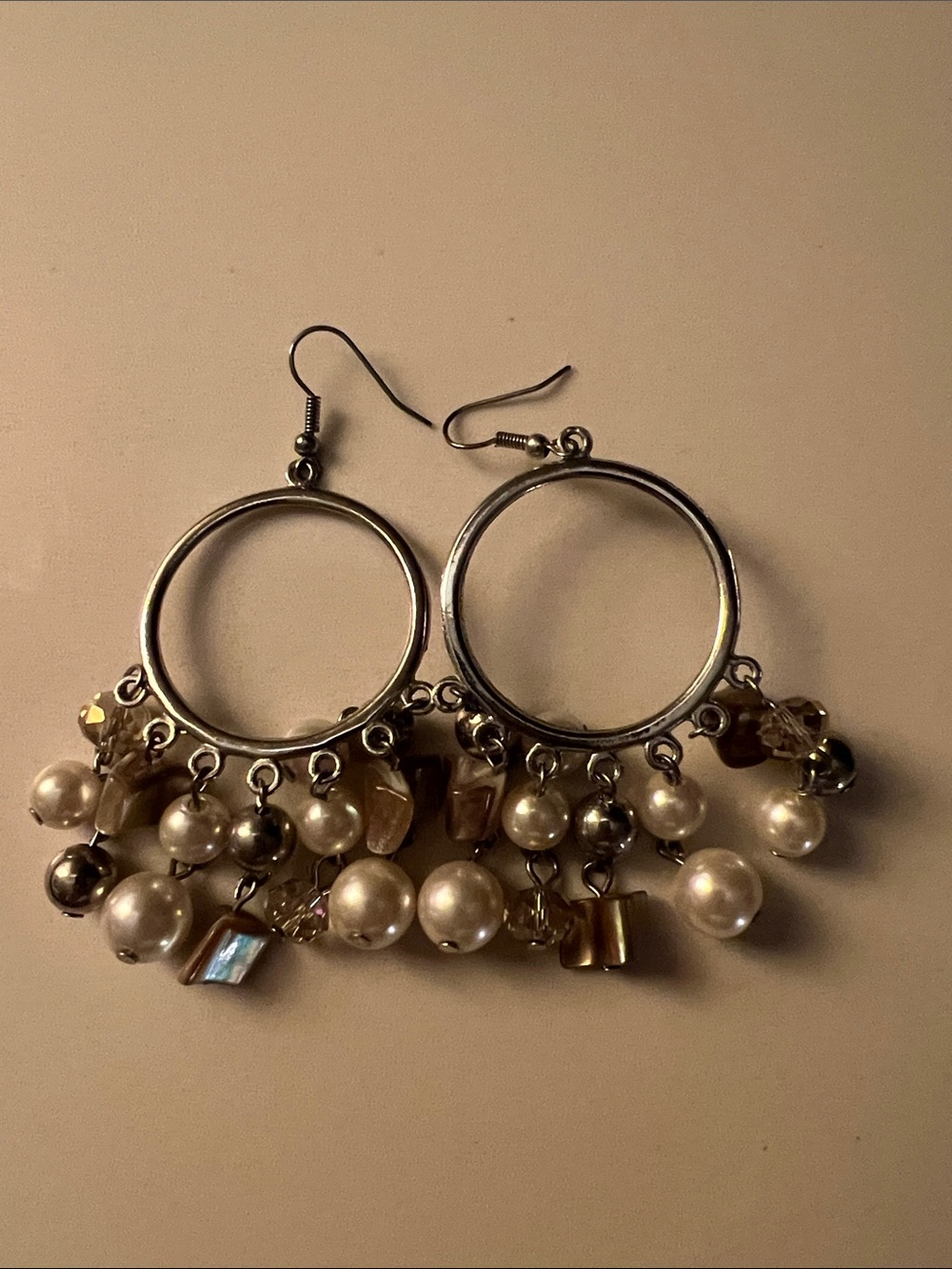 Pearl and Crystal Hoop Dangle Earrings - Silver Tone
